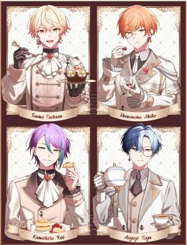Rule 34 | 4boys, absurdres, aoyagi touya, ascot, black gloves, blue hair, buttons, character name, closed mouth, collared shirt, commentary, cup, earrings, food, funsai seyo! unvalentine no fukushuu (project sekai), glass, gloves, gradient hair, grey eyes, hair between eyes, heart, highres, holding, holding cup, holding food, holding plate, holding saucer, holding teapot, jewelry, junpaku no anata e chikai no uta wo! (project sekai), kamishiro rui, long sleeves, looking at viewer, male focus, mole, mole under eye, monocle, multicolored hair, multiple boys, necktie, official alternate costume, official alternate hairstyle, open mouth, orange eyes, orange hair, plate, project sekai, purple hair, saucer, shinonome akito, shirt, short hair, smile, split-color hair, streaked hair, sweets, teapot, teeth, teneko02, tenma tsukasa, tongue, tongue out, two-tone hair, untranslatable commentary, upper body, upper teeth only, watermark, whip the wimp girl!! (project sekai), white gloves, yellow eyes