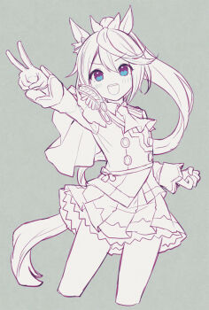 1girl :d animal_ears blue_eyes blush cropped_legs epaulettes grey_background hair_between_eyes hair_ribbon high_ponytail horse_ears horse_girl horse_tail jacket mauve open_mouth outstretched_arm pleated_skirt ponytail ribbon simple_background single_epaulette skirt smile solo tail tokai_teio_(peak_joy)_(umamusume) tokai_teio_(umamusume) umamusume v v-shaped_eyebrows