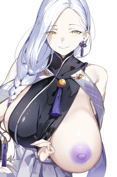 1girl bare_shoulders black_shirt blue_lips blue_nipples blush braid breasts clothes_pull colored_nipples earrings eyeliner fate/grand_order fate_(series) grin hakama hakama_skirt japanese_clothes jewelry large_breasts long_hair looking_at_viewer makeup mrs._snake_(fate) mrs._snake_(first_ascension)_(fate) nipples one_breast_out shirt sideboob skirt sleeveless sleeveless_shirt smile solo tassel tassel_earrings ura_illust white_hair white_hakama yellow_eyes