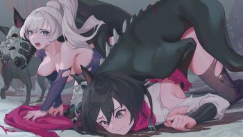 2girls all_fours animal ass bestiality black_hair black_panties blouse blue_dress blue_eyes breasts chinese_commentary clothes_lift collarbone commentary_request creature detached_sleeves dog dress frilled_dress frills grimm_(rwby) hair_between_eyes highres licking long_hair multiple_dogs multiple_girls nipples open_mouth panties parted_lips rape red_eyes red_skirt revision ruby_rose rwby scar scar_across_eye scar_on_face sex shirt short_hair skirt skirt_lift teeth thighhighs tongue tongue_out top-down_bottom-up torn_clothes torn_dress torn_legwear torn_shirt underwear upper_teeth_only wangxiii weiss_schnee white_shirt