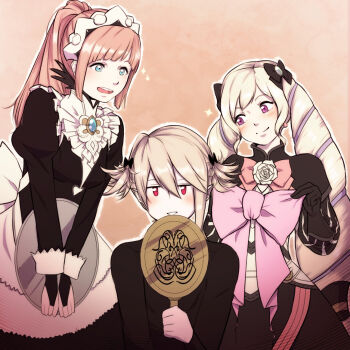1boy 2girls alternate_hairstyle apron aristocratic_clothes black_bow blonde_hair blue_eyes bow commentary drill_hair elise_(fire_emblem) english_commentary felicia_(fire_emblem) fire_emblem fire_emblem_fates hair_bow hand_mirror holding holding_mirror lithety maid maid_apron male_corrin_(fire_emblem) mirror multiple_girls nintendo nohrian_maid_uniform official_alternate_hairstyle pink_hair ponytail purple_eyes purple_hair red_eyes twin_drills twintails
