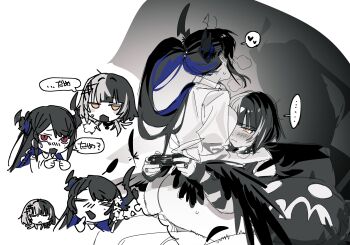 1futa 1girl :&lt; :3 :t =_= absurdres arm_warmers ass asymmetrical_horns blue_hair blunt_bangs blush blush_stickers bottomless breasts breath character_doll chibi chibi_inset clothed_sex colored_inner_hair controller cowgirl_position cushion demon_girl demon_horns demon_wings doll dress_shirt ear_blush falling_feathers feathered_wings feathers flipped_hair furrowed_brow futa_with_female futanari game_controller greyscale hair_ornament highres holding holding_controller holding_game_controller hololive hololive_english horns imagining implied_futanari index_fingers_together jewelry jitome long_hair medium_breasts middle_ring monochrome multicolored_hair multiple_rings multitasking nerissa_ravencroft nerissa_ravencroft_(casual) nose_blush open_mouth ponytail pout red_eyes ring sex shadow shiori_novella shiori_novella_(1st_costume) shirt speech_bubble split-color_hair straddling streaked_hair striped_arm_warmers sweatdrop thought_bubble translation_request two-tone_hair uneven_horns vaginal virtual_youtuber wings wolf_cut yellow_eyes yomosaka yorick_(shiori_novella)