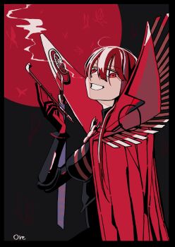 1girl black_background cape commentary_request fate/grand_order fate_(series) gloves goma1021 grin hair_between_eyes high_collar highres holding holding_smoking_pipe long_hair looking_at_viewer oda_nobunaga_(fate) oda_nobunaga_(maou_avenger)_(fate) red_cape red_eyes red_hair signature simple_background smile smoking smoking_pipe solo