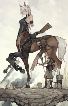 1boy 1futa 2girls absurdres animal_ears animal_penis bandaged_arm bandages bare_shoulders belt blonde_hair blue_eyes boots breasts centaur closed_mouth cum cum_bucket cum_in_bucket cum_in_container full_body futanari gloves gun handjob hat highres holding holding_gun holding_weapon hooves horse_ears horse_penis horse_tail huge_penis iuui long_hair looking_at_another looking_at_penis looking_at_viewer mechanical_legs medium_breasts missing_limb monster_girl multiple_girls outdoors penis penis_awe ponytail pouch prosthesis rifle saddle sideboob sidelocks smile standing sword tail taur weapon white_hair