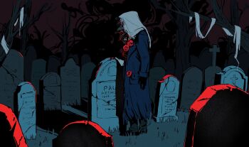 Rule 34 | 1boy, bare tree, black coat, black gloves, black pants, black shoes, black sky, charon (reverse:1999), coat, flower, from side, full body, gloves, grass, graveyard, highres, kongbai jibi, male focus, object head, pants, poppy (flower), red flower, reverse:1999, shoes, sky, solo, standing, tombstone, tree, veil, white veil