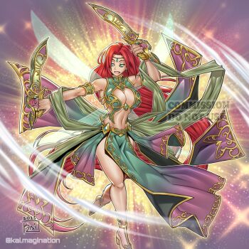 absurdres arabian_clothes armlet bustier cleavage_cutout clothing_cutout dagger dual_wielding duel_monster fairy_wings full_body green_eyes guardian_elma harem_outfit high_heels highres holding holding_dagger holding_knife holding_weapon jewelry kai.magination knife long_hair navel open_mouth pelvic_curtain red_hair redesign toned toned_female very_long_hair weapon wings yu-gi-oh!