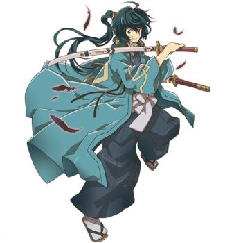 Rule 34 | 10s, 1boy, black feathers, black hair, brown eyes, dual wielding, feathers, full body, geta, grey legwear, hair ornament, hara kazuhiro, holding, holding sword, holding weapon, log horizon, long hair, looking at viewer, male focus, official art, ponytail, seta soujirou (log horizon), sheath, sheathed, shinsengumi, simple background, solo, soujirou seta, standing, sword, weapon, white background