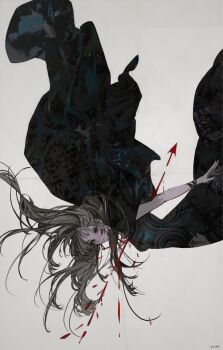 1girl black_dress black_eyes closed_mouth commentary dress english_commentary falling floating_hair grey_hair highres impaled john_kafka long_hair original solo