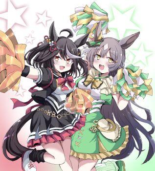 2girls absurdres ahoge animal_ears black_hair black_jacket black_skirt black_socks blush bow braid breasts brown_eyes brown_hair cheerleader commentary_request cropped_jacket double-parted_bangs ear_ornament frilled_skirt frills genkai_made_pom_pon!! green_jacket green_skirt green_socks hair_between_eyes hair_ornament half_up_braid highres holding holding_pom_poms horse_ears horse_girl horse_tail jacket kitasan_black_(umamusume) large_breasts long_hair looking_at_viewer loose_socks medium_breasts mikazuki_toto multicolored_hair multiple_girls open_mouth pom_pom_(cheerleading) pom_poms red_bow red_eyes satono_diamond_(umamusume) shirt shoes short_hair short_sleeves skirt smile socks star_(symbol) streaked_hair tail umamusume very_long_hair white_hair white_shirt yellow_bow