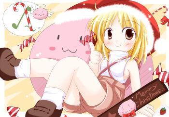 1girl 2000s_(style) :3 angeling blonde_hair blush breasts brown_eyes brown_shoes brown_shorts candy candy_cane christmas closed_mouth commentary_request food full_body fur-trimmed_headwear fur_trim hat koba-p looking_at_viewer merry_christmas novice_(ragnarok_online) poring ragnarok_online red_hat santa_hat shirt shoes short_hair shorts sideboob sitting sleeveless sleeveless_shirt slime_(creature) small_breasts smile socks solo white_shirt white_socks wrapped_candy