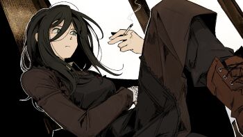 Rule 34 | 1girl, apron, aqua eyes, averting eyes, black apron, black hair, boots, brown boots, brown dress, cigarette, dress, dutch angle, game cg, holding, holding cigarette, indoors, ira grachevskaya, lace-up boots, long hair, non-web source, nopanamaman, official art, school uniform, self-datamine, sitting, smoking, solo, soviet school uniform, window, z.a.t.o. // i love the world and everything in it