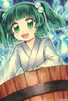 Rule 34 | 1girl, :d, artist name, blunt bangs, blush, bucket, commentary request, dot nose, green eyes, green hair, hair bobbles, hair ornament, highres, hitodama, in bucket, in container, japanese clothes, kimono, kisume, long sleeves, maa (forsythia1729), marker (medium), open mouth, outline, short hair, smile, solo, touhou, traditional media, two side up, upper body, white kimono, white outline