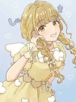 Rule 34 | 1girl, blonde hair, blue background, blush, bow, braid, braided twintails, breasts, commentary request, dress, fujita kotone, gakuen idolmaster, hair bow, half-heart hands, hand on own hip, hand up, heart, heart necklace, highres, idolmaster, jewelry, komoro7857, long hair, looking at viewer, necklace, open mouth, puffy short sleeves, puffy sleeves, short sleeves, small breasts, smile, solo, twintails, twitter username, upper body, white wings, wings, yellow bow, yellow dress, yellow eyes