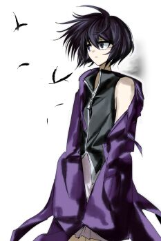 1other absurdres androgynous black_shirt closed_mouth coattails collared_shirt commentary cowboy_shot english_commentary expressionless feathers floating_hair frilled_shorts frills hair_between_eyes high-waist_shorts high_collar highres hood hood_down hooded_jacket jacket len&#039;en light_frown long_sleeves looking_to_the_side no_headwear open_clothes open_jacket other_focus purple_eyes purple_hair purple_jacket shirt shitodo_kuroji short_hair shorts simple_background single_bare_shoulder sleeveless sleeveless_shirt sleeves_past_fingers sleeves_past_wrists solo standing white_background white_shorts wide_sleeves wind yancao_(pixiv_103434280) zipper zipper_pull_tab