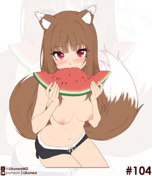 1girl absurdres animal_ears black_shorts blush breasts commentary eating english_commentary fangs food fruit highres holo likunea looking_at_viewer medium_breasts nipples patreon_logo patreon_username red_eyes short_shorts shorts solo spice_and_wolf tail topless_female twitter_username twitter_x_logo watermelon watermelon_slice wolf_ears wolf_girl wolf_tail zoom_layer