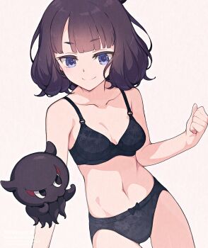 1girl bare_shoulders black_bra black_panties blue_eyes blush bra breasts cleavage collarbone fate/grand_order fate_(series) hair_bun katsushika_hokusai_(fate) medium_breasts navel octopus panties purple_hair saipaco short_hair smile thighs toto-sama_(fate) underwear