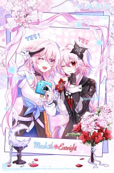 Rule 34 | 2girls, ;o, absurdres, artist request, black dress, black gloves, black liquid, blue skirt, bouquet, breasts, camera, character name, chinese commentary, commentary request, commission, dress, dual persona, evernight (honkai: star rail), flower, gloves, hair flower, hair ornament, highres, holding, holding camera, honkai: star rail, honkai (series), liquid clothes, long hair, march 7th (honkai: star rail), medium hair, multicolored eyes, multiple girls, one eye closed, pink hair, red eyes, second-party source, shirt, skirt, smile, two-tone eyes, very long hair, watermark, white shirt