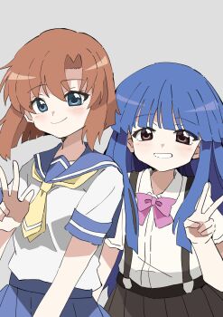 Rule 34 | 2girls, blue eyes, blue hair, blue sailor collar, blue skirt, blush, bow, bowtie, commentary, furude rika, grey background, highres, higurashi no naku koro ni, multiple girls, neckerchief, orange hair, pink bow, pink bowtie, pleated skirt, ryuuguu rena, sailor collar, school uniform, serafuku, shirt, short sleeves, simple background, skirt, smile, suspender skirt, suspenders, upper body, v, w, white shirt, yellow neckerchief, yokikana1983