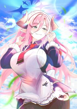 1girl absurdres apron blue_archive breasts cloud grass green_eyes hair_between_eyes highres himmel_gewalt horns juri_(blue_archive) large_breasts light_smile looking_to_the_side necktie pantyhose pink_hair pointy_ears skirt sky