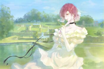 1girl absurdres black_choker black_ribbon blue_sky building chinese_commentary choker cloud commentary_request cowboy_shot curtained_hair day dress flower folded_fan folding_fan frilled_dress frills hair_between_eyes hair_flower hair_ornament hand_fan highres holding holding_fan light_particles luori_dianxin off-shoulder_dress off_shoulder outdoors path path_to_nowhere puffy_short_sleeves puffy_sleeves purple_hair ribbon ribbon_choker road shalom_(path_to_nowhere) short_hair short_sleeves sky solo standing tree waist_ribbon water white_dress white_flower white_ribbon