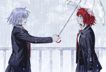 2girls ahoge choker collared_shirt cowboy_shot crying day easel_(dam0628) fate/grand_order fate_(series) fence fujimaru_ritsuka_(female) grey_hair grey_sky hair_ornament hair_scrunchie highres holding holding_umbrella jacket jeanne_d&#039;arc_alter_(fate) long_sleeves looking_at_another multiple_girls necktie one_side_up open_mouth orange_eyes orange_hair outdoors profile rain school_uniform scrunchie shirt short_hair side_ponytail skirt sky umbrella wet yellow_eyes