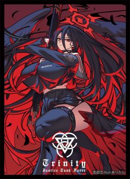 1girl arikanrobo artist_name black_choker black_gloves black_hair black_skirt black_thighhighs black_wings blue_archive breasts choker closed_mouth commentary_request crop_top feathered_wings garter_belt gigantic_breasts gloves gun hair_between_eyes hasumi_(blue_archive) holding holding_gun holding_weapon long_hair looking_at_viewer mole mole_under_eye multicolored_hair pleated_skirt red_eyes red_hair sailor_collar school_uniform second-party_source serafuku skirt solo thighhighs trinity_general_school_logo very_long_hair weapon white_sailor_collar wings