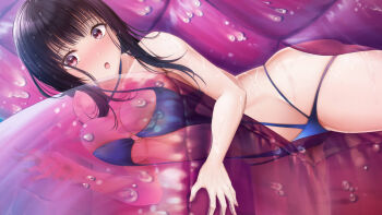 1girl artist_request black_hair blush breast_press breasts commentary_request highres looking_at_viewer medium_breasts momojiri_serika o-ring o-ring_swimsuit official_art open_mouth pink_eyes seifuku_kanojo seifuku_kanojo_2 solo swimsuit wet