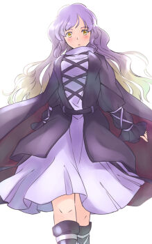 1girl belt black_belt black_boots black_dress blonde_hair blush boots breasts commentary_request dress feet_out_of_frame gradient_hair grey_dress hijiri_byakuren knees large_breasts long_sleeves looking_down multicolored_hair one-hour_drawing_challenge parted_lips purple_hair rangycrow solo touhou white_background yellow_eyes