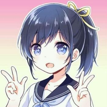 Rule 34 | 1boy, bad id, bad twitter id, blue eyes, blue hair, bow, collarbone, gradient background, hair bow, hair ribbon, hair tie, hairband, konayama kata, laughing, looking at viewer, medium hair, necktie, open mouth, original, pink background, ponytail, portrait, ribbon, sailor collar, school uniform, serafuku, smile, solo, tongue, trap, upper body, v, yellow background