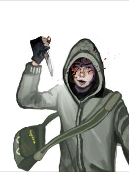 Rule 34 | 1boy, bag, black gloves, black hair, blood, blood on clothes, blood on face, blood splatter, clenched hand, commentary, cry of fear, english commentary, facial hair, fingerless gloves, gloves, goatee stubble, grey hoodie, highres, holding, holding knife, hood, hood up, hoodie, knife, looking at viewer, male focus, moonkitty08, partially shaded face, short hair, shoulder bag, simon henriksson, solo, stubble, variant set