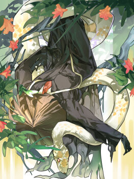 1boy absurdres bamboo-hatted_kim black_coat black_gloves black_jacket black_suit branch coat commentary_request dated flower formal_clothes gloves hat highres jacket jingasa lapels leaf limbus_company long_coat male_focus necktie notched_lapels project_moon red_flower red_necktie shirt shoggoth_(sirens20211) snake snake_wrapped_around_body suit suit_jacket torn_clothes torn_hat upside-down white_shirt white_snake white_trim