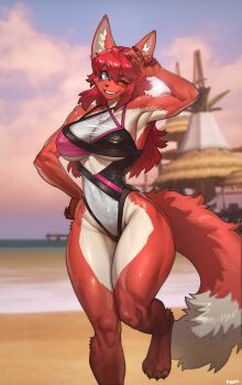 1girl absurdres animal_ears armpits artist_name beach blue_eyes breasts cloud commentary commission covered_erect_nipples covered_navel dock english_commentary furry furry_female hair_between_eyes highres large_breasts long_hair looking_at_viewer ocean one-piece_swimsuit one_eye_closed original outdoors pgm300 red_hair sand see-through_clothes smile snout solo swimsuit tail v water watermark wolf_ears wolf_girl wolf_tail