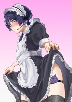 1boy alternate_costume apron arms_at_sides black_dress black_sleeves black_thighhighs blunt_ends blush closed_mouth crossdressing crossdressing_(mtf) curtsey dress embarrassed enmaided frilled_apron frilled_dress frills from_below frown genshin_impact headset highres looking_at_viewer maid maid_apron maid_headdress male_focus male_maid pink_background puffy_sleeves purinigax purple_eyes scaramouche_(cat)_(genshin_impact) scaramouche_(genshin_impact) short_sleeves sideways_mouth skindentation solo thigh_strap thighhighs tsurime white_apron white_headdress