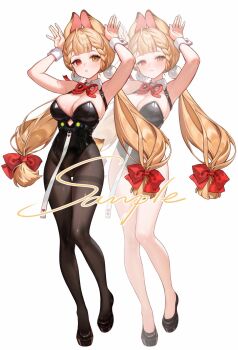 1girl alice_thymefield alternate_costume animal_ears armpits arms_up black_leotard black_pantyhose blonde_hair braid braided_twintails breasts closed_mouth clothing_cutout detached_collar hair_ornament heart_cutout heterochromia highres large_breasts leotard multiple_views pantyhose rabbit_ears rabbit_girl red_eyes simple_background smilesmile1312 sphere_hair_ornament strapless strapless_leotard twintails white_background wrist_cuffs yellow_eyes zenless_zone_zero