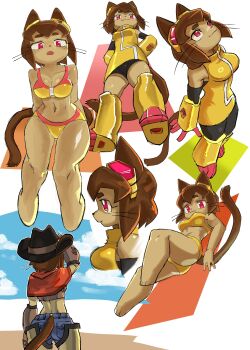 10010no 1girl :3 absurdres alternate_costume animal_ears ass bandana bikini black_hat black_shorts blue_shorts breasts brown_hair cat_ears cat_tail cleavage cow_girl cowboy_hat curvy dress furry furry_female gameoverse hat highres kit_bodega multicolored_bikini multiple_views navel official_alternate_costume red_bandana red_bikini red_eyes short_hair shorts swimsuit tail two-tone_bikini whiskers wide_hips yellow_bikini yellow_dress yellow_gauntlets