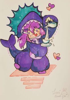 +_+ 1girl absurdres animal_hood artist_request blush commentary commission cream cup dotted_line english_commentary eyelashes fangs fins fish_tail flying_sweatdrops full_body hair_between_eyes hair_ornament hairclip heart highres holding holding_pitcher holding_plate hood hood_up indie_virtual_youtuber long_hair marker_(medium) megalodon_(vtuber) official_alternate_costume onesie open_mouth pitcher_(container) plate pouring purple_eyes purple_hair second-party_source shark_hood shark_tail signature simple_background solo spill standing standing_on_one_leg sweatdrop tail teacup thank_you thick_eyebrows traditional_media virtual_youtuber