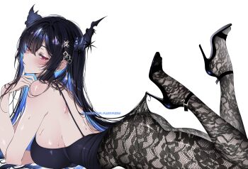 1girl alternate_costume asymmetrical_horns black_hair black_pantyhose black_shoes blue_hair blush breasts colored_inner_hair commentary demon_horns feet_up flower high_heels highres hololive hololive_english hooked_on_heel horn_flower horns lace_pantyhose lace_pantyhose_hooked_on_heel_(meme) large_breasts long_hair looking_at_viewer lying making-of_available meme mole mole_under_eye multicolored_hair nerissa_ravencroft nyanyaqwi on_stomach paid_reward_available pantyhose red_eyes revision shoes simple_background solo strappy_heels sweat the_pose uneven_horns virtual_youtuber white_background