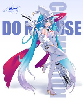 1girl 2024 absurdres aqua_hair bare_shoulders between_legs blue_eyes blush bodysuit breasts broom commentary_request commission covered_navel cyber_fashion elbow_gloves full_body gloves goodsmile_company goodsmile_racing gradient_hair hand_up hat hatsune_miku high_heels highres hood hood_down logo long_hair looking_at_viewer mlmikuy motor_vehicle multicolored_hair official_alternate_costume open_mouth purple_hair racing_miku racing_miku_(2024) salute skin_tight sleeveless small_breasts smile solo twintails very_long_hair vocaloid white_bodysuit witch_hat