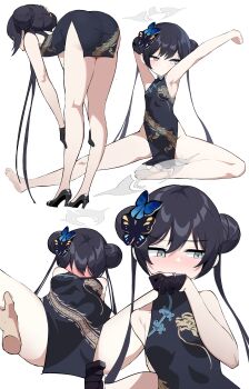 1boy 1girl absurdres armpits arms_up ass black_gloves black_hair blue_archive blush breasts butterfly_hair_ornament china_dress chinese_clothes disembodied_hand double_bun dragon_print dress ears embarrassed feet from_behind from_below full-face_blush full_body gloves grey_hair groin hair_bun hair_ornament halo hand_to_own_mouth high_heels highres kisaki_(blue_archive) kneepits leaning_forward leg_grab legs looking_to_the_side low_twintails makir multiple_views multiple_views nose pelvic_curtain petite sexually_suggestive simple_background sitting small_breasts soles spread_legs stretching thigh_grab thighs toes twintails white_background