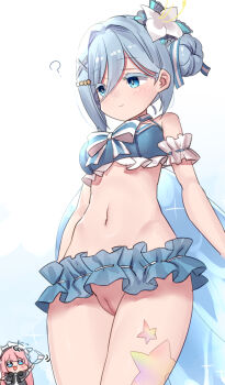 Rule 34 | 2girls, ?, bikini, black survival, blue bikini, blue eyes, blue hair, breasts, character request, cleft of venus, closed mouth, commentary request, eternal return: black survival, flower, frilled bikini, frills, hair bun, hair flower, hair ornament, highres, medium breasts, multiple girls, navel, pussy, short hair, swimsuit, thick eyelashes, torimaru, uncensored, vanya (black survival), wardrobe malfunction, x hair ornament