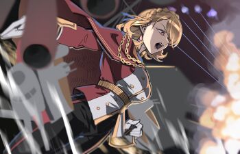 1girl azur_lane black_pants blue_ribbon braid breasts buttons cape chain commentary commentary_request double-breasted earrings english_commentary explosion from_side gloves hair_ribbon hand_on_hilt highres jacket jewelry large_breasts mixed-language_commentary multicolored_jacket nagasaki_ken_(stellar_wind) open_mouth pants prince_of_wales_(azur_lane) red_jacket ribbon solo teeth two-tone_jacket white_gloves white_jacket