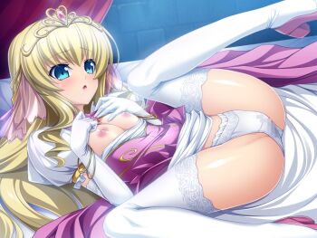 Rule 34 | 1girl, :o, aged down, bed, blonde hair, blue eyes, blush, bracelet, breasts, breasts out, censored, clothes lift, clothes pull, dress, dress lift, dress pull, elbow gloves, game cg, gloves, high heels, inoino, jewelry, kouyoku senki exs-tia, lace, lace trim, large variant set, legs up, long hair, long legs, lying, mosaic censoring, nipples, no bra, non-web source, official art, on back, open mouth, panties, princess, pussy juice stain, rieszverne suzette paladill, shoes, small breasts, solo, spread legs, thighhighs, tiara, underwear, variant set, wet, wet clothes, wet panties, white gloves, white panties, white thighhighs