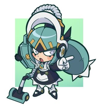 Rule 34 | 1girl, 2026, apron, black shoes, blush stickers, border, borrowed character, chibi, commentary, english commentary, female focus, full body, gloves, highres, maid, maid apron, maid headdress, mega man: dual override, mega man (classic), mega man (series), mega man robot master design contest, open mouth, original, outside border, pointing, pointing at viewer, purple eyes, robot girl, shoes, simple background, solo, v-shaped eyebrows, vacuum cleaner, white border, white gloves, zarashii