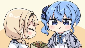 2girls :t black_sailor_collar blonde_hair blue_bow blue_eyes blue_hair bow braid chibi closed_mouth cookie eating food grey_jacket hair_over_shoulder hololive hoshimachi_suisei hoshimachi_suisei_(sailor) jacket kazama_iroha kazama_iroha_(school_uniform) long_hair mochimiko multiple_girls official_alternate_costume open_clothes open_jacket pleated_skirt sailor_collar school_uniform serafuku shirt side_ponytail skirt striped_bow virtual_youtuber white_sailor_collar white_serafuku white_shirt white_skirt