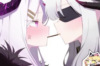 3girls absurdres blonde_hair blue_archive blush demon_girl demon_horns food hat highres hina_(blue_archive) horns ibuki_(blue_archive) ikka0725 long_hair makoto_(blue_archive) multiple_girls pocky pocky_day purple_eyes white_hair yellow_eyes yuri