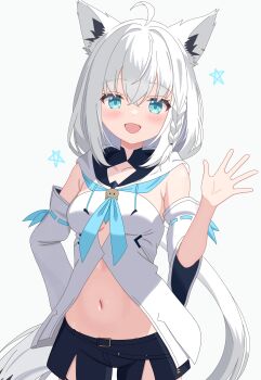 1girl absurdres ahoge animal_ear_fluff animal_ear_piercing animal_ears aqua_eyes aqua_neckerchief aqua_trim artexyan black_shorts blush breasts collarbone commentary_request detached_sleeves fox_ears fox_girl fox_shadow_puppet fox_tail front_slit hair_between_eyes highres hololive long_hair long_sleeves looking_at_viewer medium_breasts navel neckerchief open_mouth shirakami_fubuki shirakami_fubuki_(1st_costume) shirt short_shorts shorts smile solo stomach tail upper_body virtual_youtuber white_shirt wide_sleeves