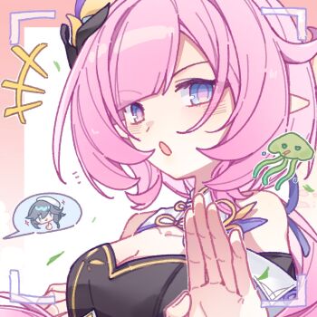 2girls :o blue_eyes breasts chinese_commentary cleavage commentary_request crop_top elf elysia_(honkai_impact) elysia_(miss_pink_elf)_(honkai_impact) fu_hua hair_ornament highres honkai_(series) honkai_impact_3rd jellyfish large_breasts looking_at_viewer multiple_girls pink_hair pointy_ears textless_version thumbs_up upper_body viewfinder yinanhuahua