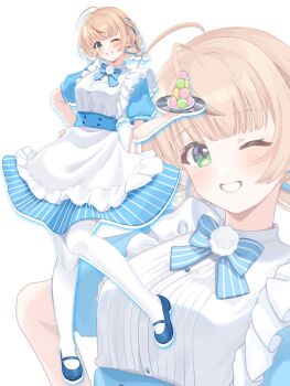 1girl absurdres ahoge apron blonde_hair blue_bow blue_dress blue_shoes blush bow commentary_request dessert dress food gdqwgzxwtb28624 grin hand_on_own_hip highres holding indie_virtual_youtuber lawson looking_at_viewer macaron macaron_tower multicolored_hair one_eye_closed plate shigure_ui_(vtuber) shoes smile solo streaked_hair sweets tiered_tray virtual_youtuber waitress white_apron
