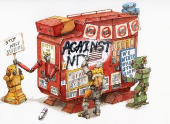 ._. english_text machinery mechanical_arms mechanical_legs no_humans original protest qr_code robot sign spray_paint traditional_media tsuboi_hajime white_background