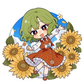 Rule 34 | 1girl, artist name, ascot, chinese commentary, collared shirt, commentary request, fafa, flower, frilled skirt, frills, full body, green hair, highres, kazami yuuka, long sleeves, looking at viewer, medium hair, open clothes, open mouth, open vest, plaid clothes, plaid skirt, plaid vest, red ascot, red eyes, red shoes, red vest, shirt, shoes, skirt, skirt set, smile, socks, solo, sunflower, touhou, vest, white shirt, white socks, yellow flower